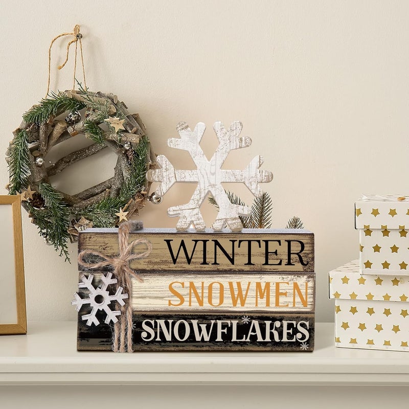 Anglechic 4 Pcs Winter Table Decorations Snowmmen Tiered Tray Decorations Christmas Mini Snowflake Wooden Books Signs for Office Shelf Classroom Tabletop Bookshelf - Image 5